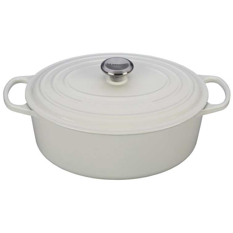 White Enameled Cast Iron Oval Dutch Oven with Lid