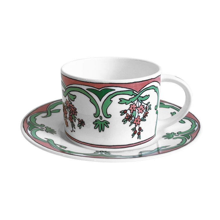 Floral Patterned Bone China Teacup and Saucer Set