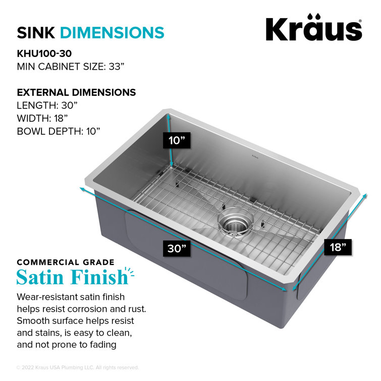 30-Inch Satin Stainless Steel Undermount Single Bowl Kitchen Sink