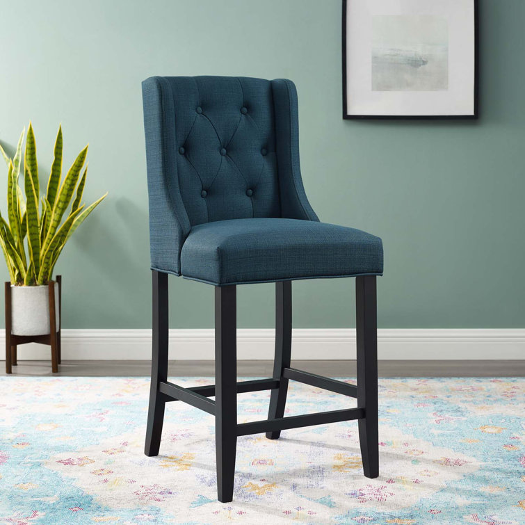 Azure Tufted Button Upholstered Fabric Counter Stool with Solid Wood Legs