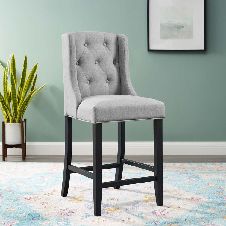 Light Gray Tufted Button Upholstered Counter Stool with Wood Legs