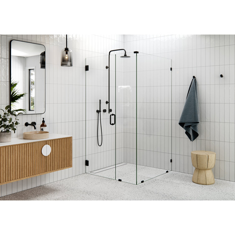 Matte Black Frameless Glass Shower Enclosure with Brass Fittings