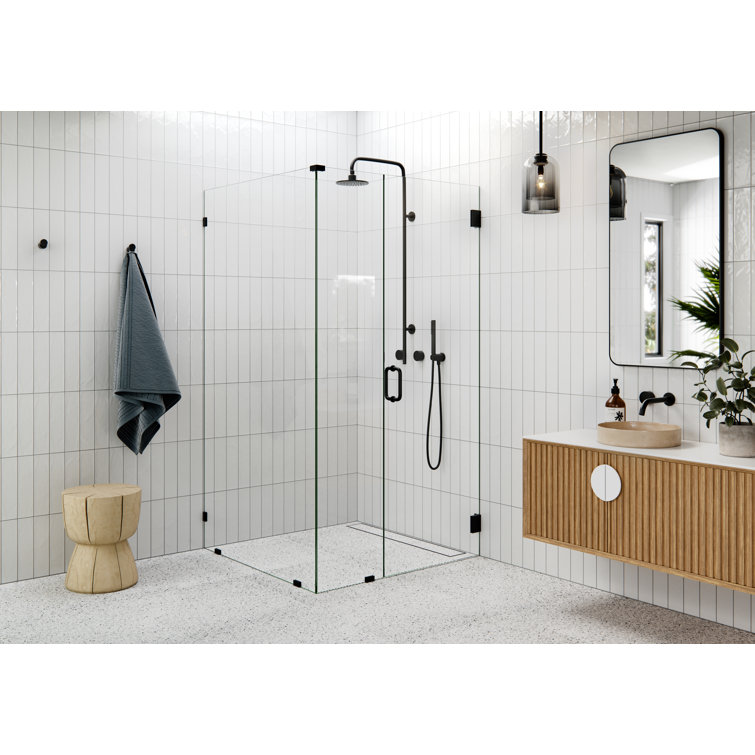 Matte Black Frameless Glass Shower Enclosure with Brass Fittings