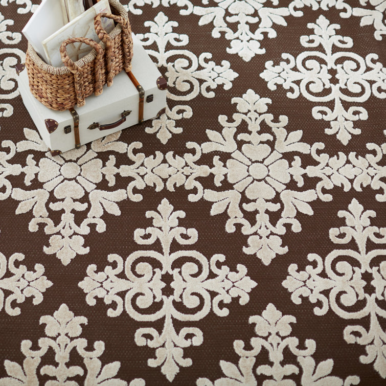 Brown and Cream Geometric Floral Indoor/Outdoor Rug