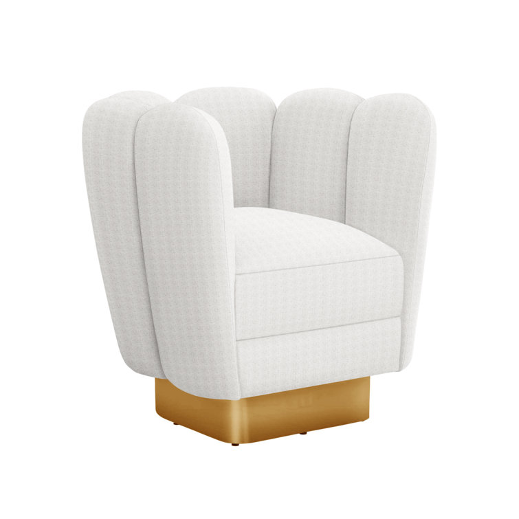 Pearl Faux Linen Handcrafted Swivel Barrel Chair with Polished Brass Base