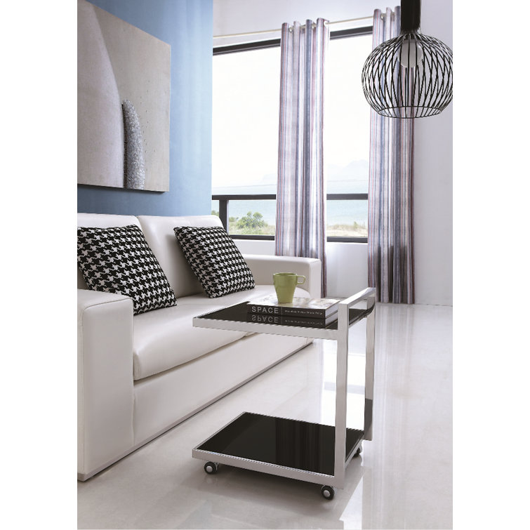 Luxe 20" Square Black Glass & Stainless Steel Bar Cart