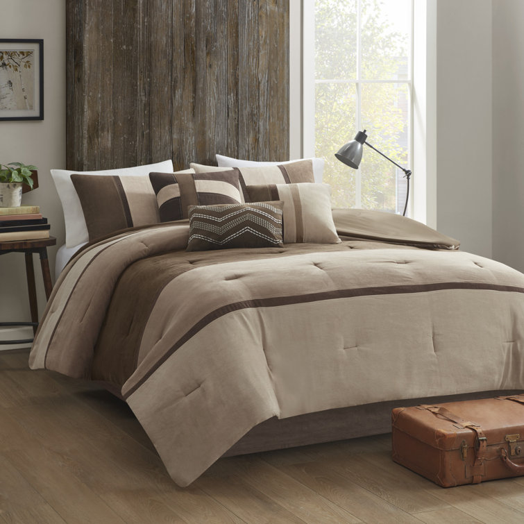 California King Brown Faux Suede Comforter Set with Decorative Pillows