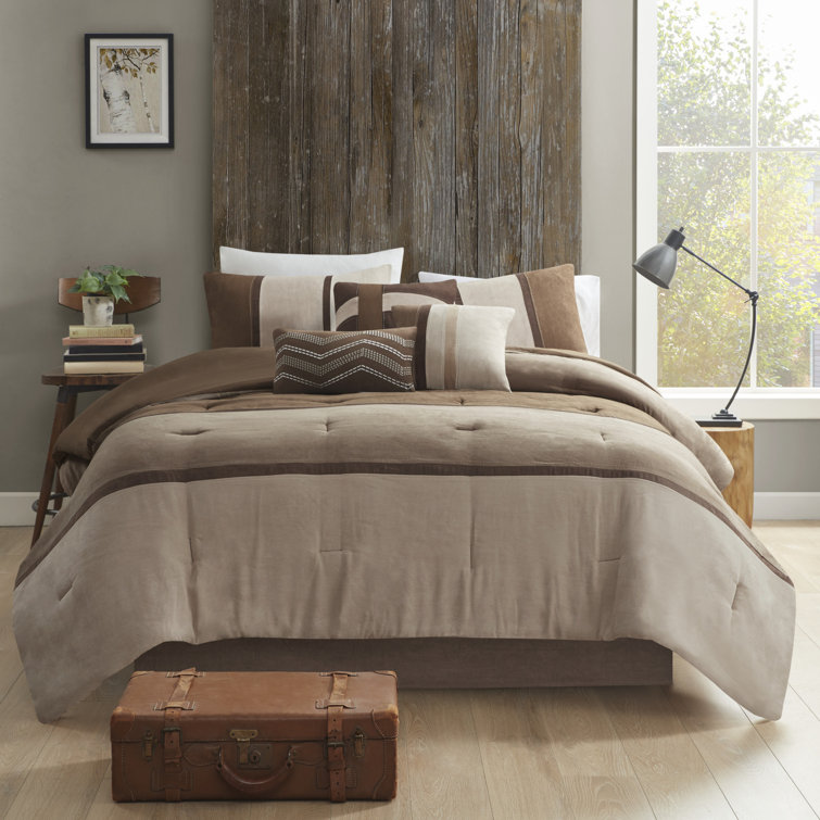 California King Brown Faux Suede Comforter Set with Decorative Pillows