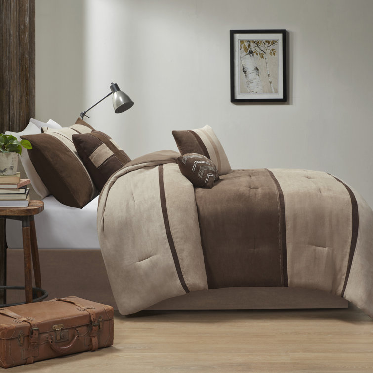 California King Brown Faux Suede Comforter Set with Decorative Pillows
