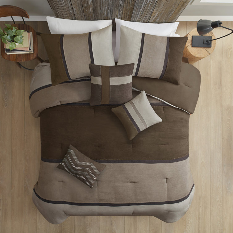 California King Brown Faux Suede Comforter Set with Decorative Pillows