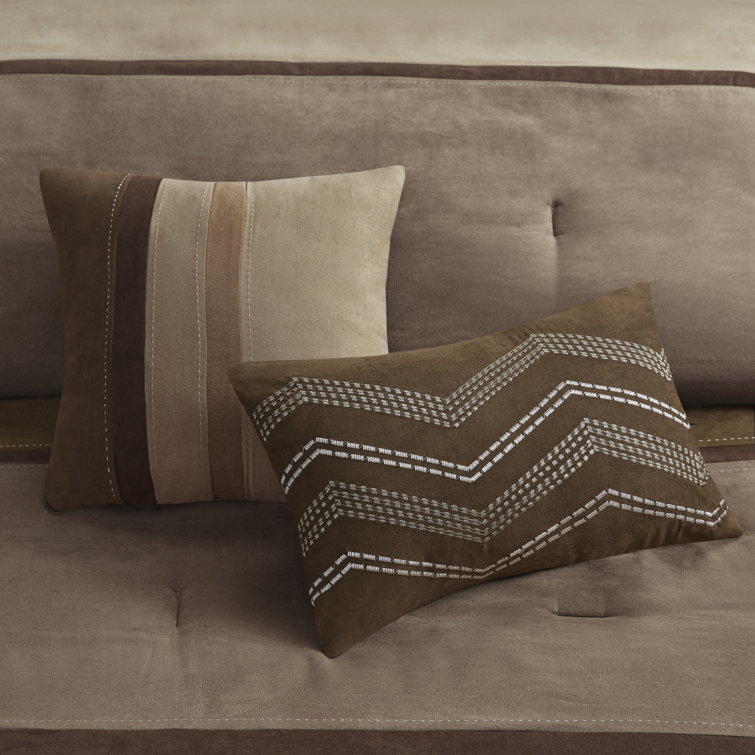 California King Brown Faux Suede Comforter Set with Decorative Pillows
