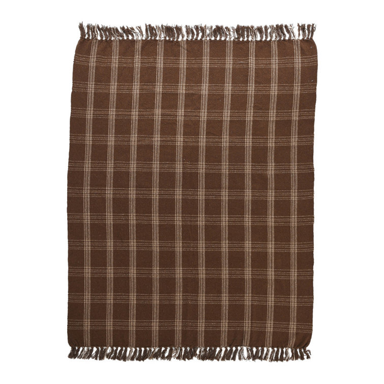 Brown Plaid Recycled Cotton Blend Throw Blanket with Fringe