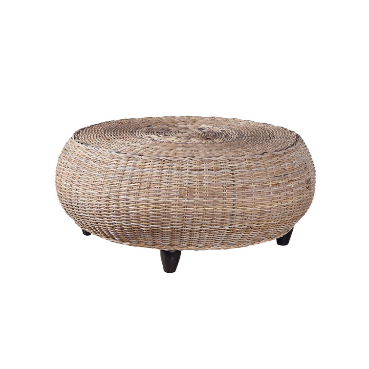 Kubu Round Woven Rattan Ottoman with Dark Brown Legs