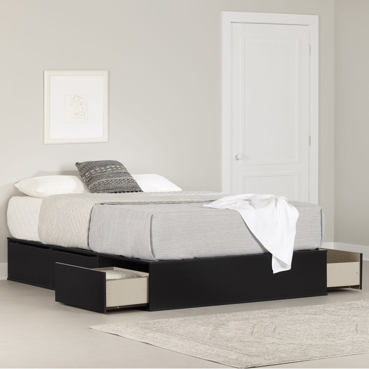 Queen Pure Black Wood Frame Upholstered Platform Bed with 6 Drawers