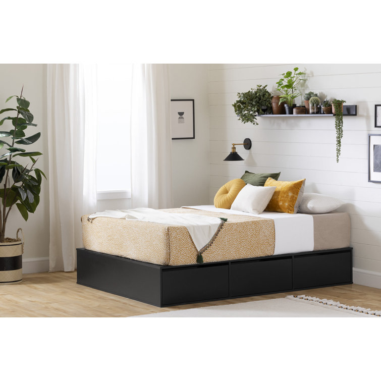 Queen Pure Black Wood Frame Upholstered Platform Bed with 6 Drawers