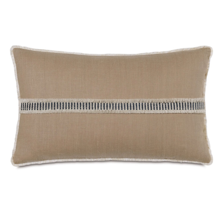 Beige Linen Lumbar Pillow with Fringed Edges