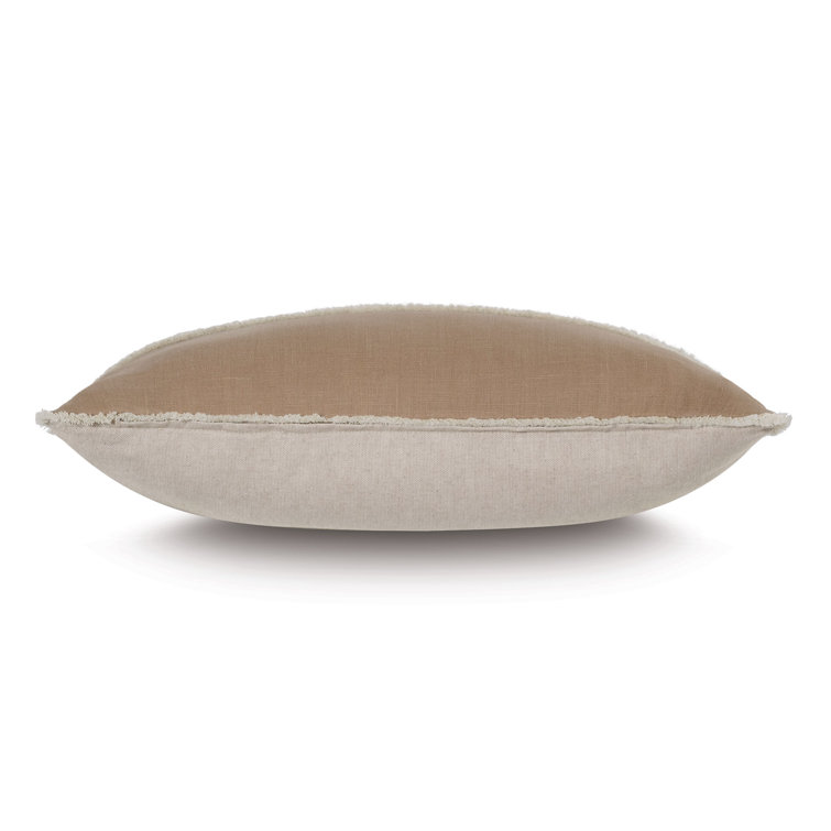 Beige Linen Lumbar Pillow with Fringed Edges