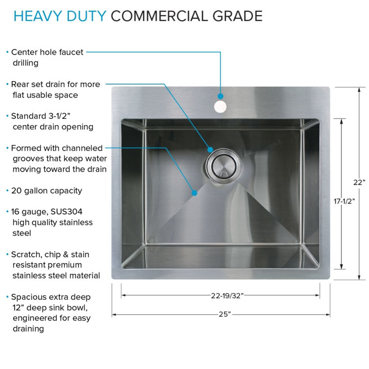 25'' Silver Stainless Steel Drop-In Undermount Laundry Sink