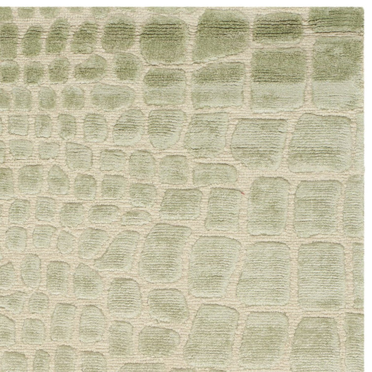 Hand-Knotted Hanging Moss Green Wool and Silk Area Rug