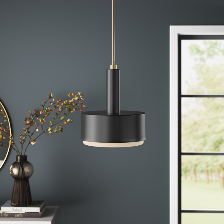 Elegant Modern Black Brass LED Drum Pendant with Etched Opal Glass