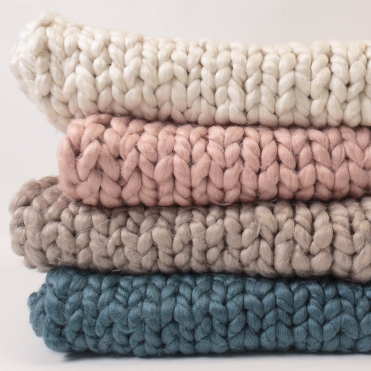 Gray Wool Cable Knit Reversible Throw Blanket