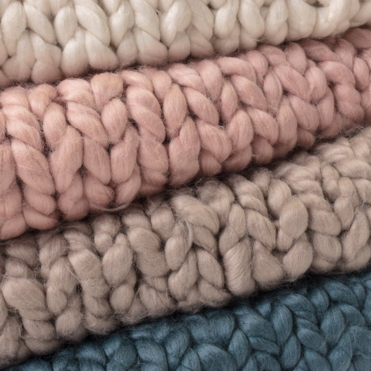 Gray Wool Cable Knit Reversible Throw Blanket