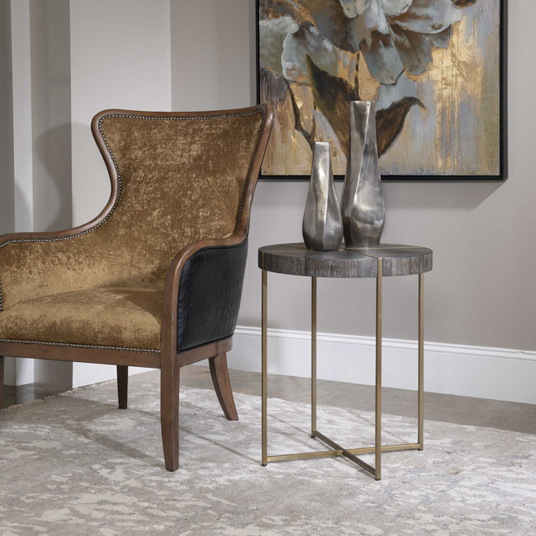 Contemporary Taja 24" Round Accent Table in Dark Walnut and Brushed Brass