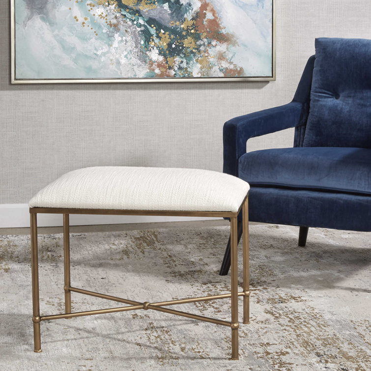 Avenham 24" White Textured Fabric Accent Bench with Antique Gold Frame