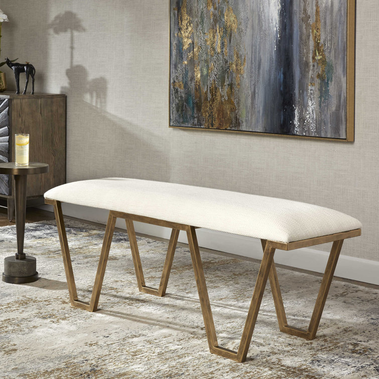 White and Gold Geometric Iron Upholstered Bench