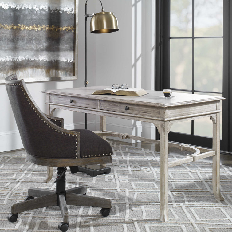 Elegantly Carved Aged White Solid Wood Home Office Desk with Drawers