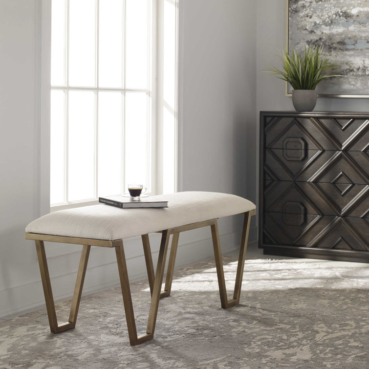 White and Gold Geometric Iron Upholstered Bench
