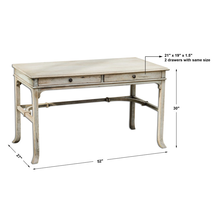 Elegantly Carved Aged White Solid Wood Home Office Desk with Drawers