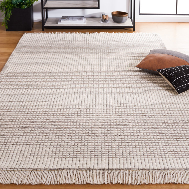 Ivory and Dark Brown Wool Flat Woven Rug