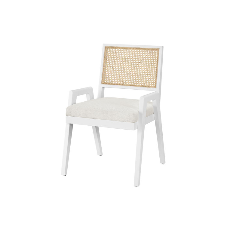 White Wood Cane Back Upholstered Armchair