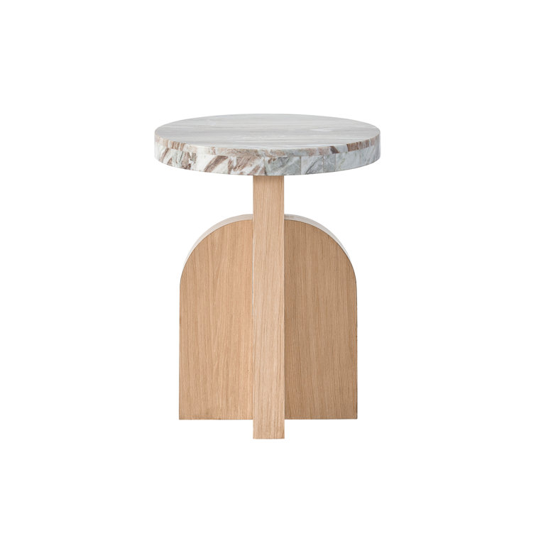 Round Marble Top Oak Wood Accent Table