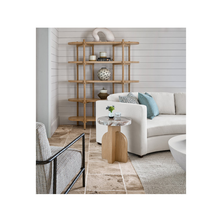 Round Marble Top Oak Wood Accent Table