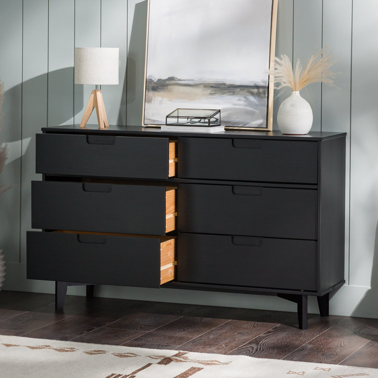Black Pine Mid-Century Modern 6-Drawer Dresser