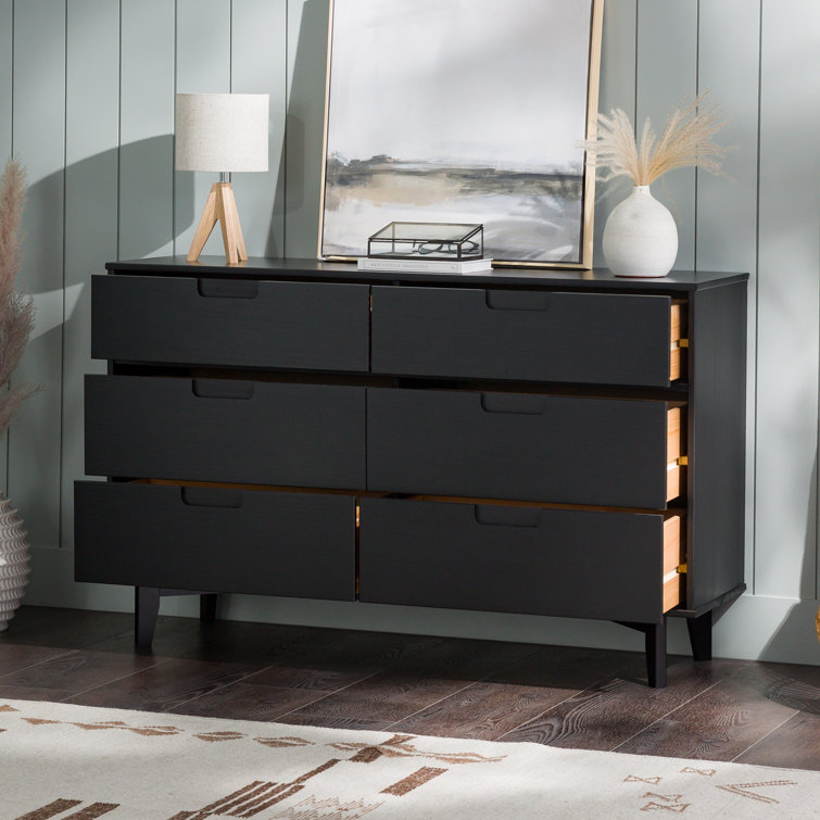 Black Pine Mid-Century Modern 6-Drawer Dresser