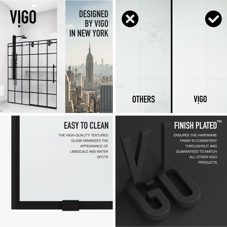Elan Matte Black Frameless Sliding Shower Door with Clear Grid Glass