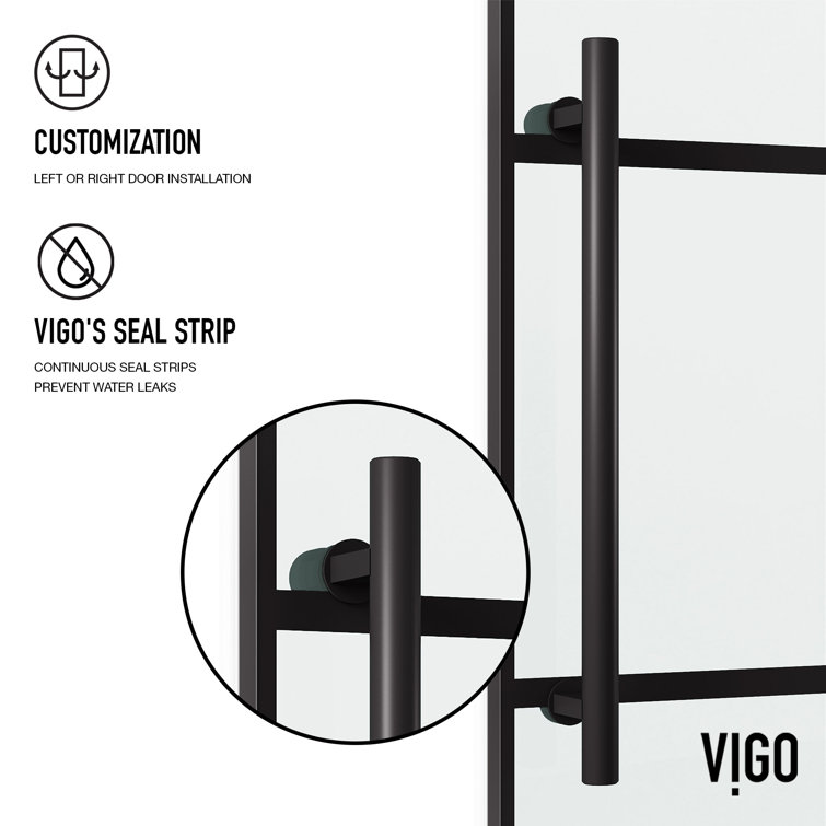Elan Matte Black Frameless Sliding Shower Door with Clear Grid Glass