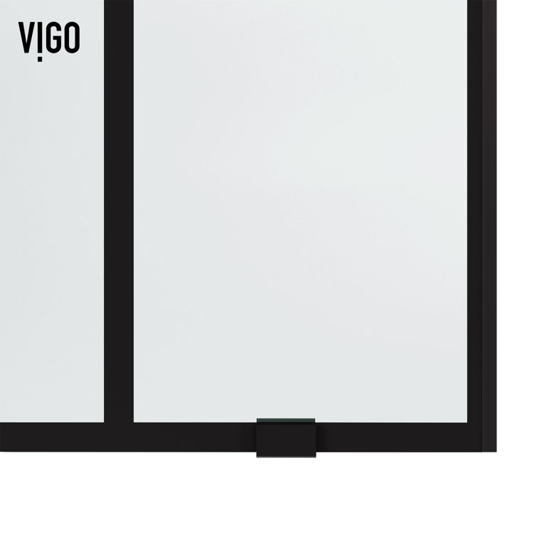 Elan Matte Black Frameless Sliding Shower Door with Clear Grid Glass