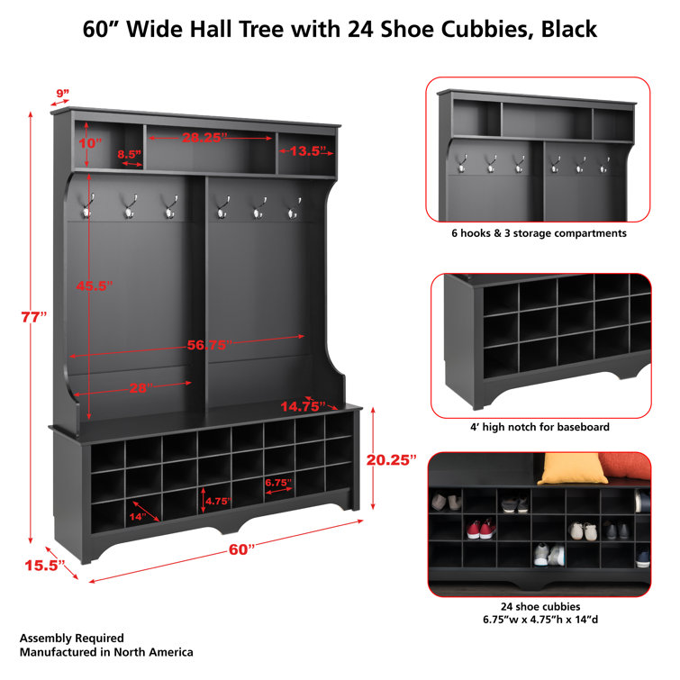 Black Wood Hall Tree with Bench and 24 Shoe Cubbies