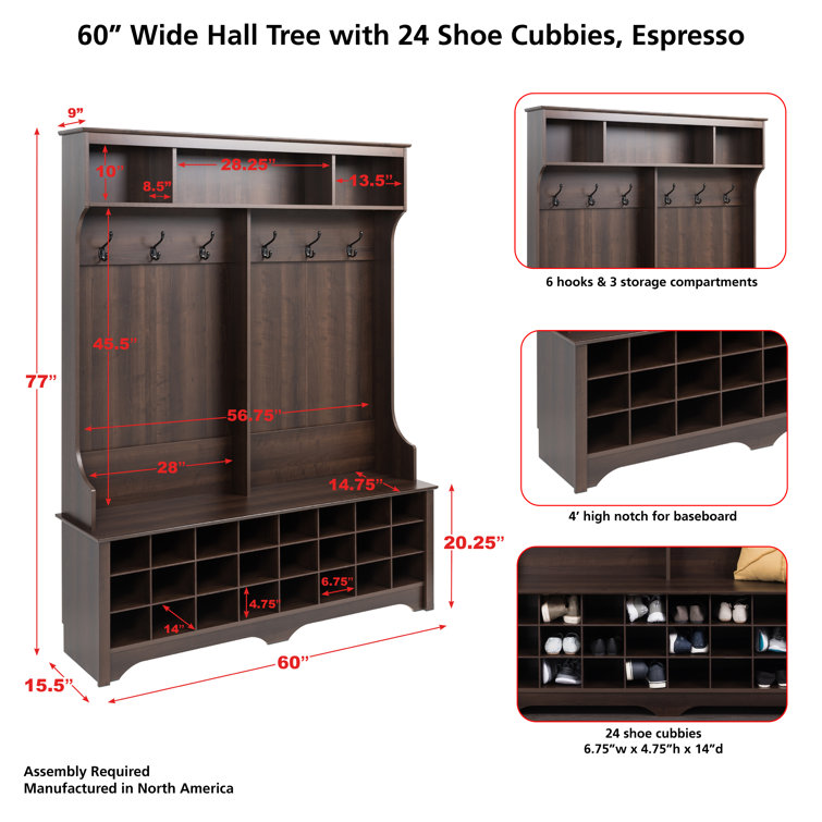Espresso Hall Tree with Bench and 24 Shoe Cubbies
