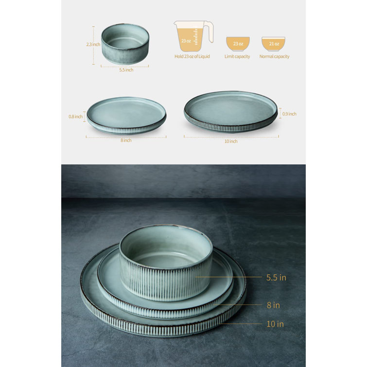 Smoky Blue Ceramic Dinnerware Set with Vertical Stripes