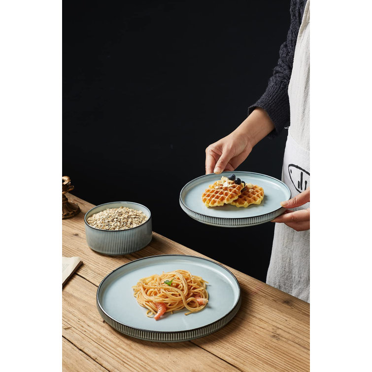 Smoky Blue Ceramic Dinnerware Set with Vertical Stripes