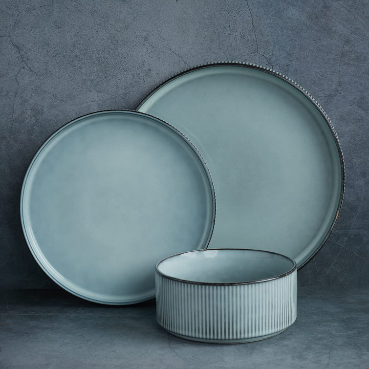 Smoky Blue Ceramic Dinnerware Set with Vertical Stripes