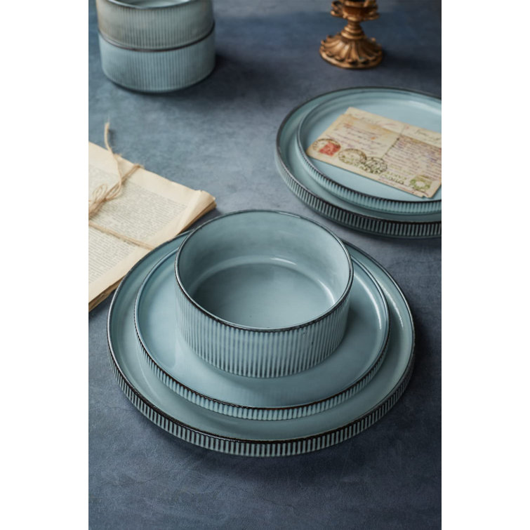 Smoky Blue Ceramic Dinnerware Set with Vertical Stripes