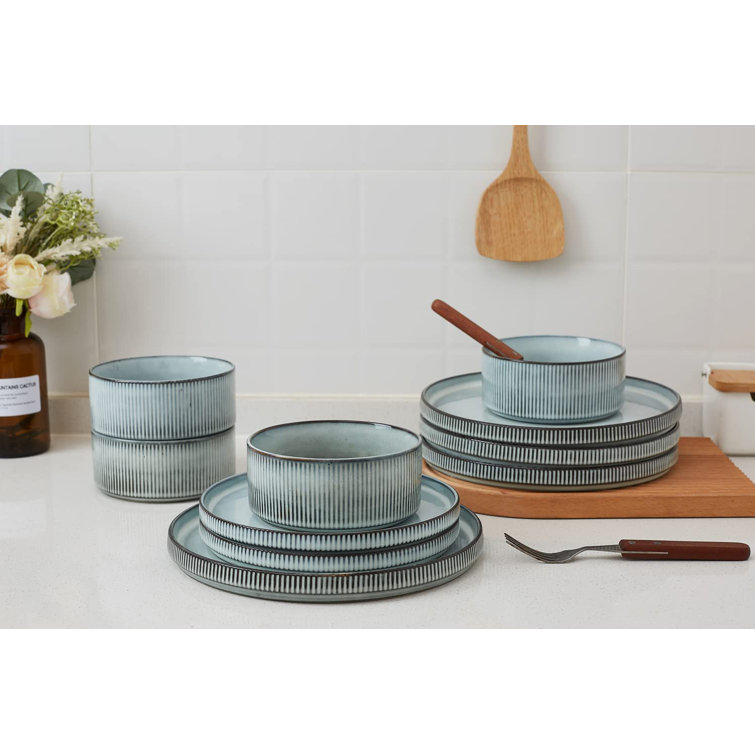 Smoky Blue Ceramic Dinnerware Set with Vertical Stripes