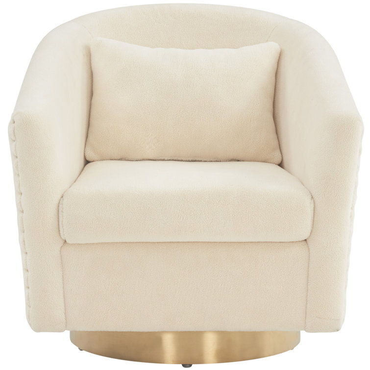 Ivory Velvet Swivel Barrel Chair with Wood Accents