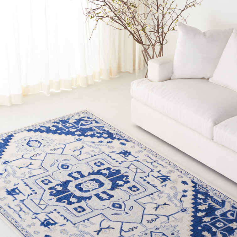 Handmade Ivory and Navy Wool 4' x 6' Oriental Rug